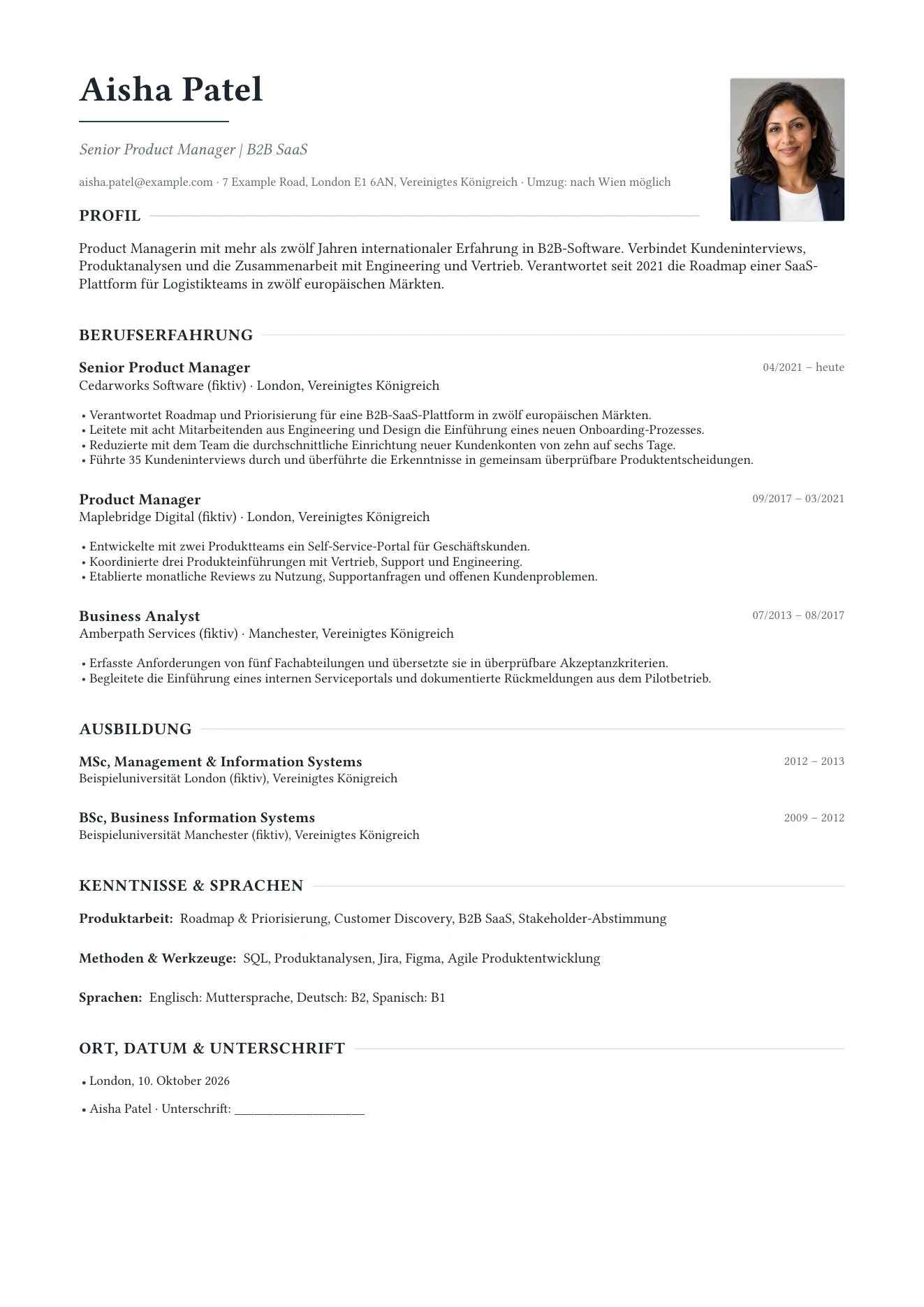 CV von Aisha Patel: zwölf Jahre internationale Erfahrung, drei Rollen, Ausbildung und Sprachen. Seite 1.